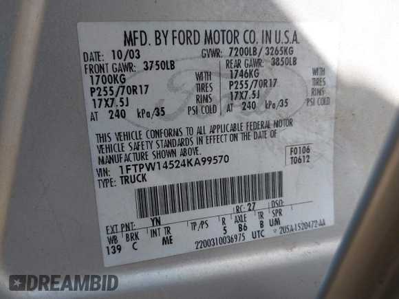 2004 Ford F-150 XLT with VIN 1FTPW14524KA99570, listed as a IAAI auction lot 42546373 with 203,602 mi miles and . Bid and sale history available at DreamBid. Image 9.