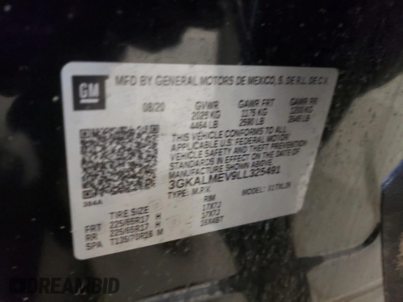 2020 GMC Terrain SLE with VIN 3GKALMEV9LL325491, listed as a Copart auction lot 46080575 with Not Provided miles and Non Repairable. Bid and sale history available at DreamBid. Image 14.