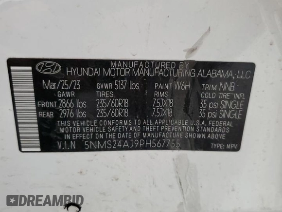 2023 Hyundai Santa Fe SEL z VIN 5NMS24AJ9PH567755, wystawiony jako Copart lot #59504805 z przebiegiem 47 484 mil mil oraz Czysty tytuł • Clean title. Historia ofert i sprzedaży dostępna na DreamBid. Obrazek 13.