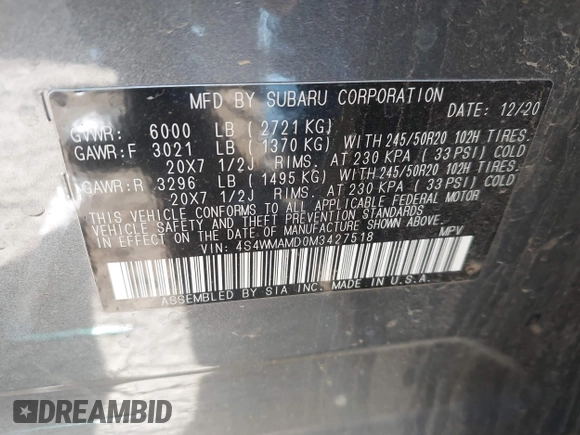 2021 Subaru Ascent Limited with VIN 4S4WMAMD0M3427518, listed as a IAAI auction lot 42115630 with 94,289 mi miles and . Bid and sale history available at DreamBid. Image 9.