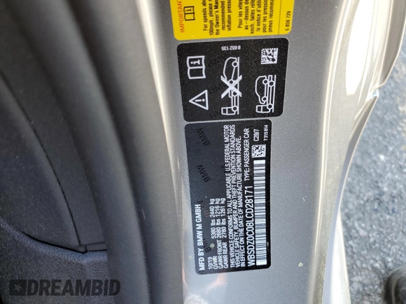 2020 BMW M8 Competition z VIN WBSDZ0C08LCD28171, wystawiony jako Copart lot #47561694 z przebiegiem Nie podano mil oraz . Historia ofert i sprzedaży dostępna na DreamBid. Obrazek 12.