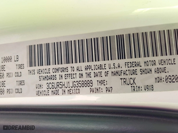 2018 Ram 2500 Tradesman with VIN 3C6UR5HJ1JG358889, listed as a IAAI auction lot 41510313 with 91,019 mi miles. Bid and sale history available at carsss.com. Image 9.