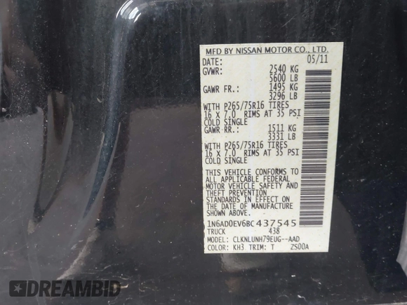 2011 Nissan Frontier Pro-4X with VIN 1N6AD0EV6BC437545, listed as a IAAI auction lot 42633761 with 181,753 mi miles and . Bid and sale history available at DreamBid. Image 9.