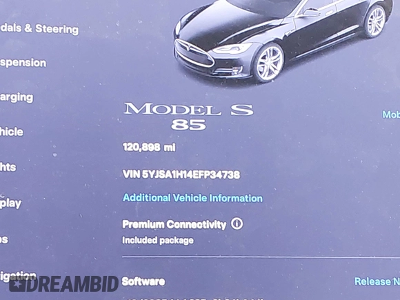 2014 Tesla Model S 60 with VIN 5YJSA1H14EFP34738, listed as a IAAI auction lot 42132117 with 120,898 mi miles and . Bid and sale history available at DreamBid. Image 15.