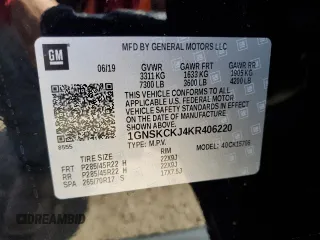 2019 Chevrolet Tahoe Premier with VIN 1GNSKCKJ4KR406220, listed as a Copart auction lot 50491344 with 37,254 mi miles and Salvage title. Bid and sale history available at DreamBid. Image 16.