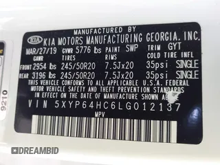 2020 Kia Telluride S with VIN 5XYP64HC6LG012137, listed as a IAAI auction lot 41920327 with 95,829 mi miles and . Bid and sale history available at DreamBid. Image 9.