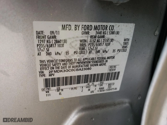 2012 Ford Edge SE with VIN 2FMDK3GC0CBA23080, listed as a Copart auction lot 54093495 with 219,125 mi miles and Clean Title. Bid and sale history available at carsss.com. Image 13.