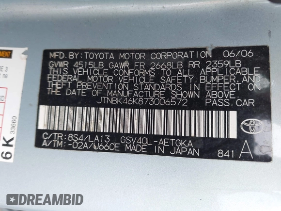 2007 Toyota Camry LE with VIN JTNBK46K873006572, listed as a IAAI auction lot 42083419 with 203,605 mi miles and . Bid and sale history available at DreamBid. Image 9.