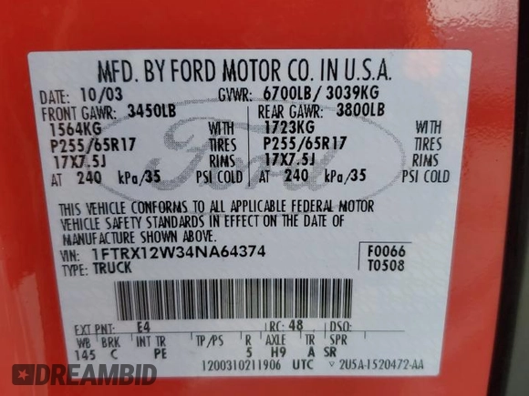 2004 Ford F-150 STX with VIN 1FTRX12W34NA64374, listed as a Copart auction lot 46493735 with 81,368 mi miles and Salvage Title. Bid and sale history available at carsss.com. Image 12.