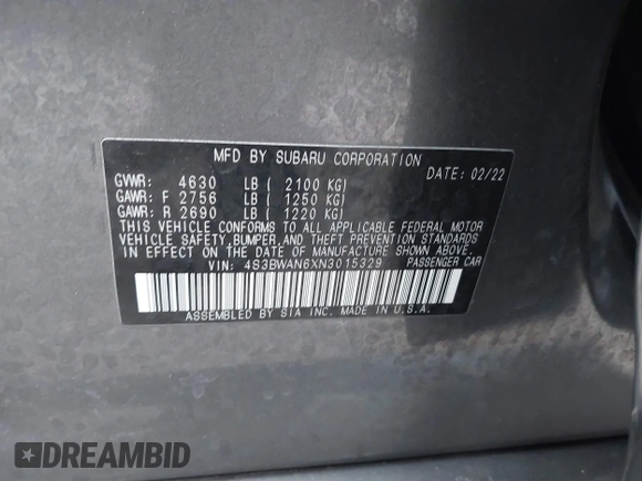 2022 Subaru Legacy Limited z VIN 4S3BWAN6XN3015329, wystawiony jako IAAI lot #41547234 z przebiegiem 33 251 mil mil oraz . Historia ofert i sprzedaży dostępna na DreamBid. Obrazek 9.