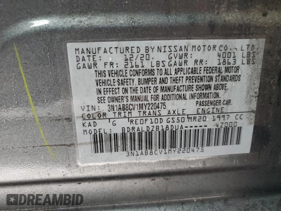 2021 Nissan Sentra SV with VIN 3N1AB8CV1MY220475, listed as a Copart auction lot 43000895 with 46,058 mi miles and Salvage Title. Bid and sale history available at DreamBid. Image 12.