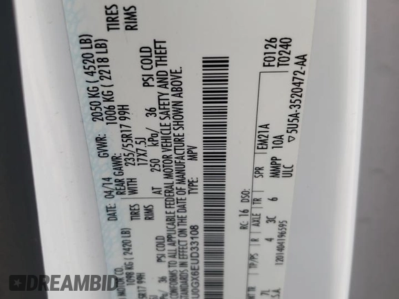 2014 Ford Escape SE with VIN 1FMCU0GX6EUD33108, listed as a Copart auction lot 52803435 with 139,539 mi miles and Salvage Title. Bid and sale history available at DreamBid. Image 14.
