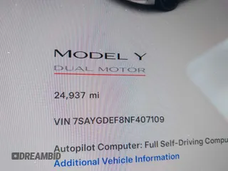 2022 Tesla Model Y Performance with VIN 7SAYGDEF8NF407109, listed as a IAAI auction lot 42014282 with 24,937 mi miles and . Bid and sale history available at DreamBid. Image 15.
