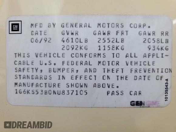 1992 Cadillac Seville z VIN 1G6KS53B0NU837105, wystawiony jako Copart lot #55865205 z przebiegiem 94 740 mil mil oraz Szkody całkowita. Historia ofert i sprzedaży dostępna na DreamBid. Obrazek 12.