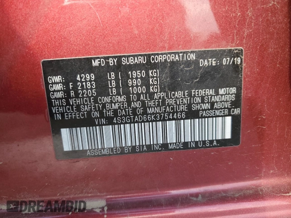 2019 Subaru Impreza Premium with VIN 4S3GTAD66K3754466, listed as a Copart auction lot 53935655 with 38,343 mi miles and Salvage Title. Bid and sale history available at carsss.com. Image 12.