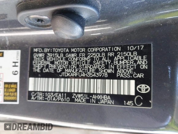 2017 Toyota Prius Two z VIN JTDKARFU4H3543978, wystawiony jako IAAI lot #41749905 z przebiegiem 105 151 mil mil oraz . Historia ofert i sprzedaży dostępna na DreamBid. Obrazek 9.