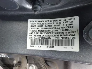 2019 Honda Insight EX with VIN 19XZE4F54KE023052, listed as a IAAI auction lot 41441617 with 124,850 mi miles. Bid and sale history available at carsss.com. Image 9.