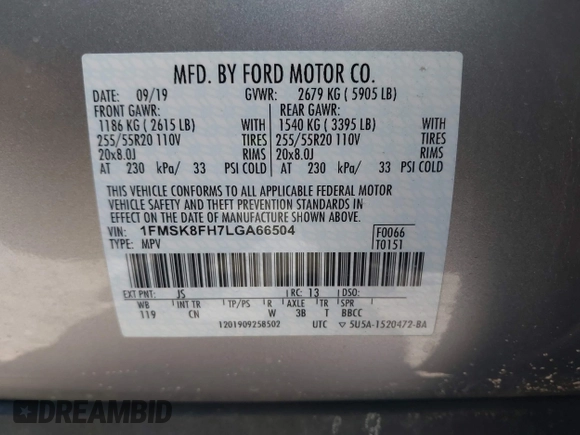 2020 Ford Explorer Limited with VIN 1FMSK8FH7LGA66504, listed as a IAAI auction lot 41463499 with 35,723 mi miles. Bid and sale history available at carsss.com. Image 9.