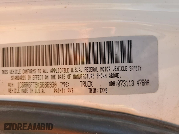 2019 Ram 1500 Tradesman z VIN 1C6RR6FT9KS686930, wystawiony jako Copart lot #60701815 z przebiegiem 123 156 mil mil oraz Szkoda całkowita • Salvage title. Historia ofert i sprzedaży dostępna na DreamBid. Obrazek 12.