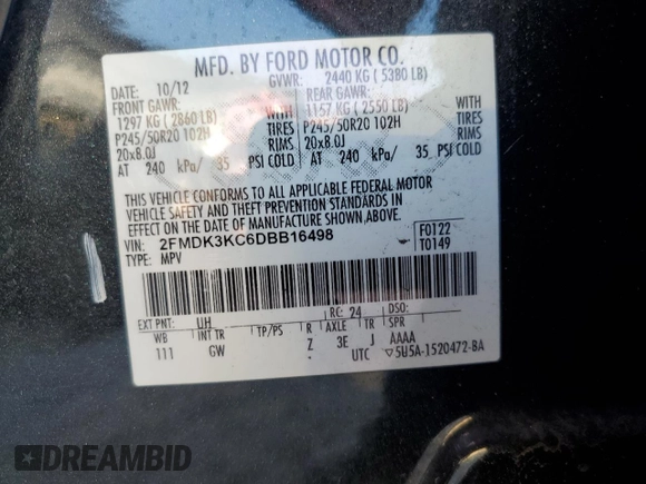 2013 Ford Edge Limited z VIN 2FMDK3KC6DBB16498, wystawiony jako Copart lot #61129835 z przebiegiem 153 418 mil mil oraz Czysty tytuł • Clean title. Historia ofert i sprzedaży dostępna na DreamBid. Obrazek 13.