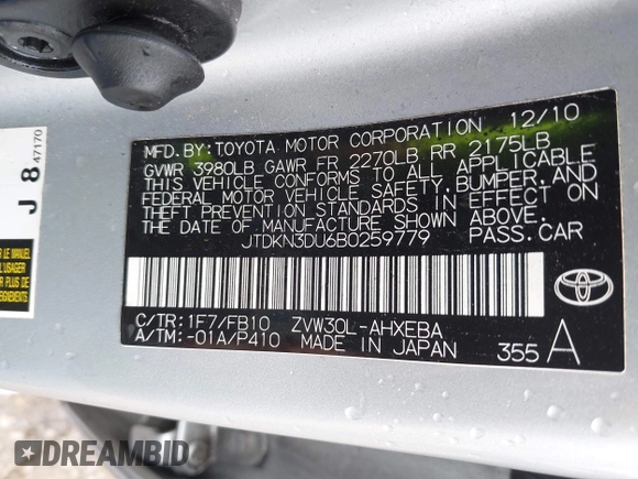 2011 Toyota Prius I with VIN JTDKN3DU6B0259779, listed as a IAAI auction lot 42164475 with 207,243 mi miles. Bid and sale history available at carsss.com. Image 9.