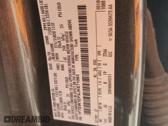 2018 Ford F-150 XL with VIN 1FTEW1EPXJKE71093, listed as a Copart auction lot 63812265 with 122,361 mi miles and Salvage title. Bid and sale history available at DreamBid. Image 13.