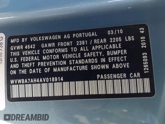 2010 Volkswagen Eos Komfort with VIN WVWBA7AH4AV018914, listed as a IAAI auction lot 41603640 with 86,748 mi miles and . Bid and sale history available at DreamBid. Image 9.