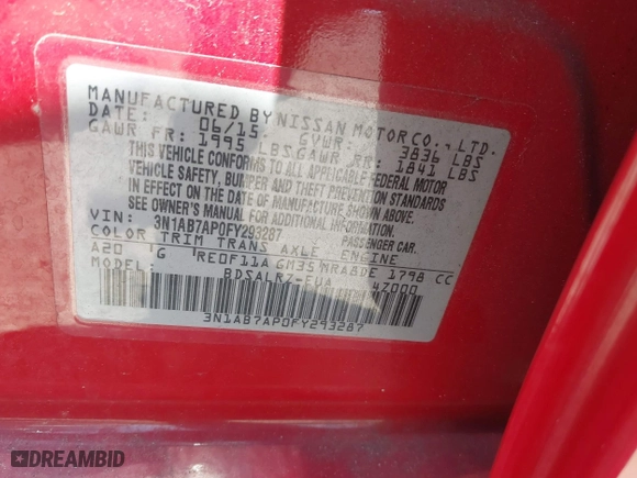 2015 Nissan Sentra S with VIN 3N1AB7AP0FY293287, listed as a IAAI auction lot 42022416 with 122,695 mi miles. Bid and sale history available at carsss.com. Image 9.