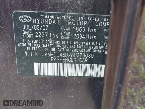 2008 Hyundai Elantra GLS with VIN KMHDU46D28U273030, listed as a IAAI auction lot 42213845 with 225,123 mi miles and . Bid and sale history available at DreamBid. Image 9.