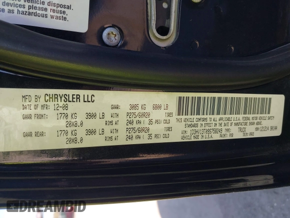 2009 Dodge 1500 Laramie z VIN 1D3HV13T09S758249, wystawiony jako IAAI lot #41923451 z przebiegiem 238 116 mil mil oraz . Historia ofert i sprzedaży dostępna na DreamBid. Obrazek 9.