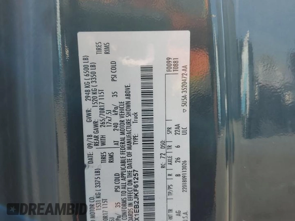 2018 Ford F-150 XL with VIN 1FTEX1EB2JKF61257, listed as a Copart auction lot 53674615 with 161,021 mi miles and Salvage title. Bid and sale history available at DreamBid. Image 12.
