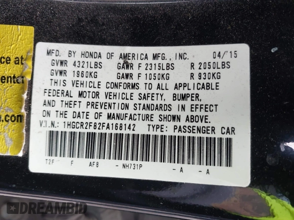 2015 Honda Accord EX-L с VIN 1HGCR2F82FA168142, выставлен на аукционе IAAI как лот 42717219 с пробегом 122 002 миль миль и . История ставок и продаж доступна на DreamBid. Изображение 9.