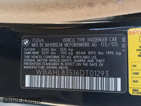 2006 BMW 7 Series 750i with VIN WBAHL83516DT01293, listed as a Copart auction lot 49506035 with Not provided miles and Salvage title. Bid and sale history available at DreamBid. Image 14.