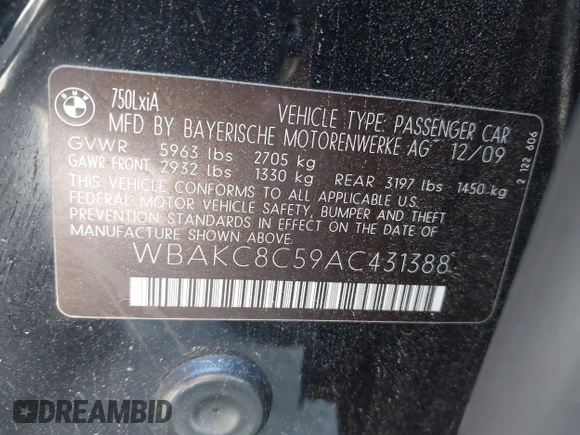 2010 BMW 7 Series 750Li xDrive with VIN WBAKC8C59AC431388, listed as a IAAI auction lot 42523882 with 90,244 mi miles and . Bid and sale history available at DreamBid. Image 9.