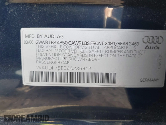 2006 Audi A4 2.0T with VIN WAUDF78E56A236913, listed as a IAAI auction lot 42074799 with 191,280 mi miles. Bid and sale history available at carsss.com. Image 9.