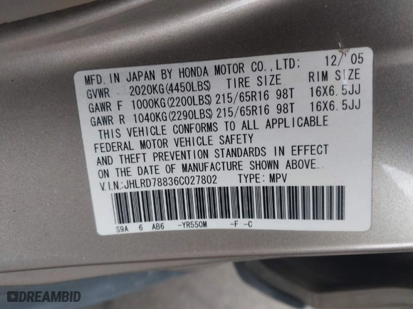 2006 Honda CR-V EX with VIN JHLRD78836C027802, listed as a IAAI auction lot 42055491 with 147,805 mi miles. Bid and sale history available at carsss.com. Image 9.