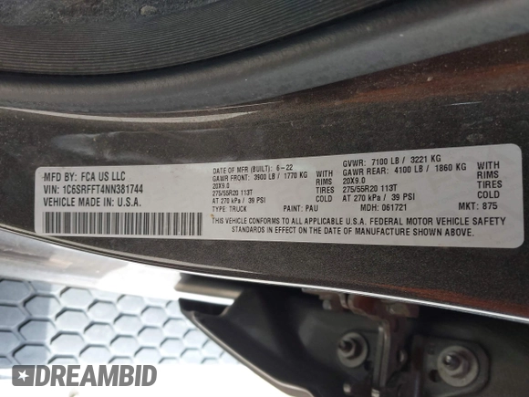 2022 Ram 1500 Big Horn z VIN 1C6SRFFT4NN381744, wystawiony jako IAAI lot #41621744 z przebiegiem 48 414 mil mil oraz . Historia ofert i sprzedaży dostępna na DreamBid. Obrazek 9.