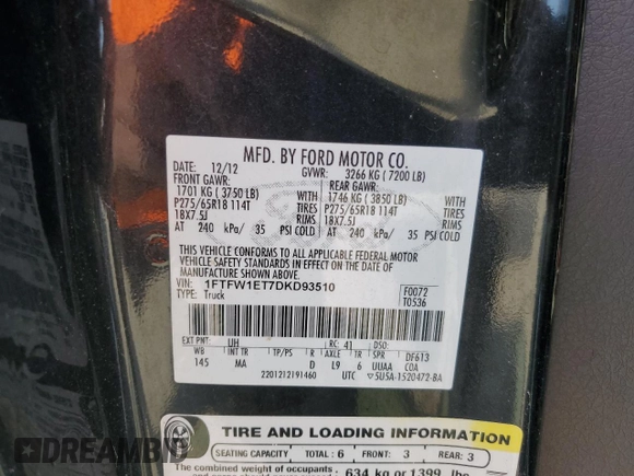 2013 Ford F-150 XL with VIN 1FTFW1ET7DKD93510, listed as a Copart auction lot 63339755 with 206,976 mi miles and Clean title. Bid and sale history available at DreamBid. Image 12.
