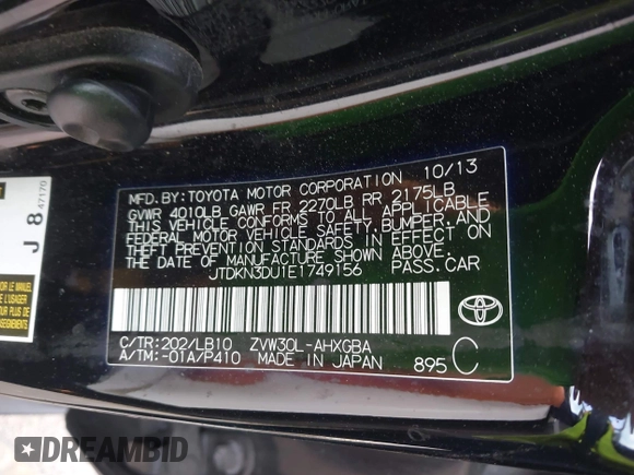 2014 Toyota Prius Four with VIN JTDKN3DU1E1749156, listed as a IAAI auction lot 42216159 with 157,615 mi miles. Bid and sale history available at carsss.com. Image 9.