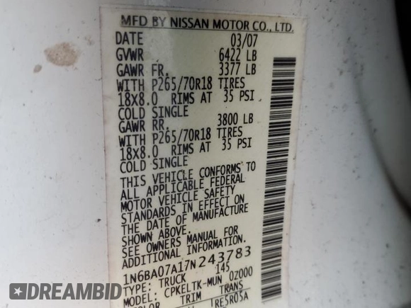 2007 Nissan Titan XE with VIN 1N6BA07A17N243783, listed as a Copart auction lot 77010773 with Not Provided miles and Salvage Title. Bid and sale history available at carsss.com. Image 14.