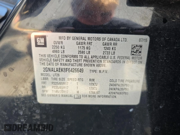 2015 Chevrolet Equinox LS z VIN 2GNALAEK8F6426649, wystawiony jako Copart lot #60558425 z przebiegiem Nie podano mil oraz Czysty tytuł • Clean title. Historia ofert i sprzedaży dostępna na DreamBid. Obrazek 10.