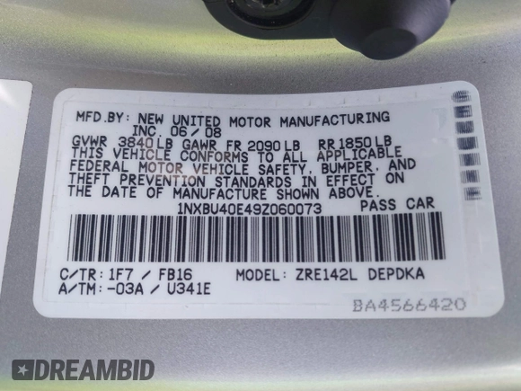 2009 Toyota Corolla with VIN 1NXBU40E49Z060073, listed as a IAAI auction lot 42152619 with 43,540 mi miles. Bid and sale history available at carsss.com. Image 9.