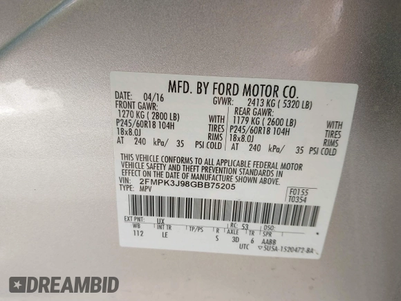 2016 Ford Edge SEL with VIN 2FMPK3J98GBB75205, listed as a IAAI auction lot 41864948 with 99,653 mi miles. Bid and sale history available at carsss.com. Image 9.