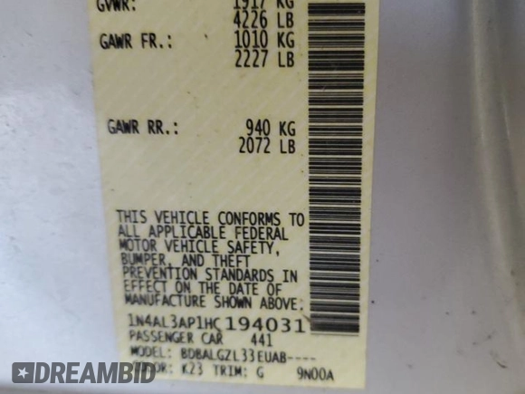 2017 Nissan Altima SR with VIN 1N4AL3AP1HC194031, listed as a Copart auction lot 55898105 with 190,922 mi miles and Clean Title. Bid and sale history available at DreamBid. Image 12.