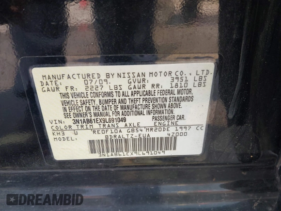 2009 Nissan Sentra FE+ with VIN 3N1AB61EX9L691049, listed as a IAAI auction lot 42067238 with 86,213 mi miles and . Bid and sale history available at DreamBid. Image 9.