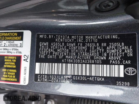 2010 Toyota Avalon XL with VIN 4T1BK3DB2AU368105, listed as a IAAI auction lot 40966346 with 147,122 mi miles and . Bid and sale history available at DreamBid. Image 9.