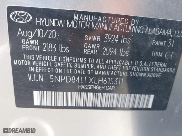 2020 Hyundai Elantra Value Edition with VIN 5NPD84LFXLH615311, listed as a IAAI auction lot 41219798 with 77,300 mi miles. Bid and sale history available at carsss.com. Image 9.