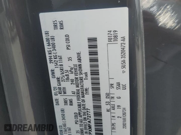 2021 Ford F-150 XL z VIN 1FTEW1EPXMFA72777, wystawiony jako Copart lot #58859095 z przebiegiem Nie podano mil oraz Szkoda całkowita • Salvage title. Historia ofert i sprzedaży dostępna na DreamBid. Obrazek 12.