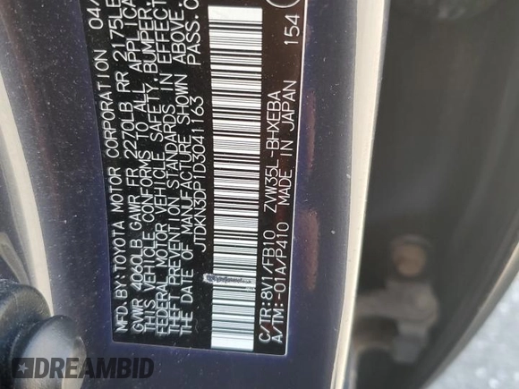 2013 Toyota Prius z VIN JTDKN3DP1D3041163, wystawiony jako Copart lot #59523955 z przebiegiem Nie podano mil oraz Szkoda całkowita • Salvage title. Historia ofert i sprzedaży dostępna na DreamBid. Obrazek 13.
