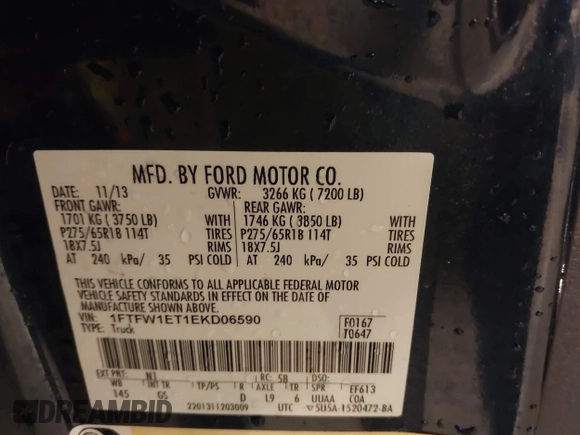 2014 Ford F-150 XL with VIN 1FTFW1ET1EKD06590, listed as a IAAI auction lot 41217519 with 155,792 mi miles and . Bid and sale history available at DreamBid. Image 9.